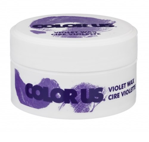 En vit burk med violett vax, prydd med lila färgstänk och texten 'COLORUS' på etiketten.