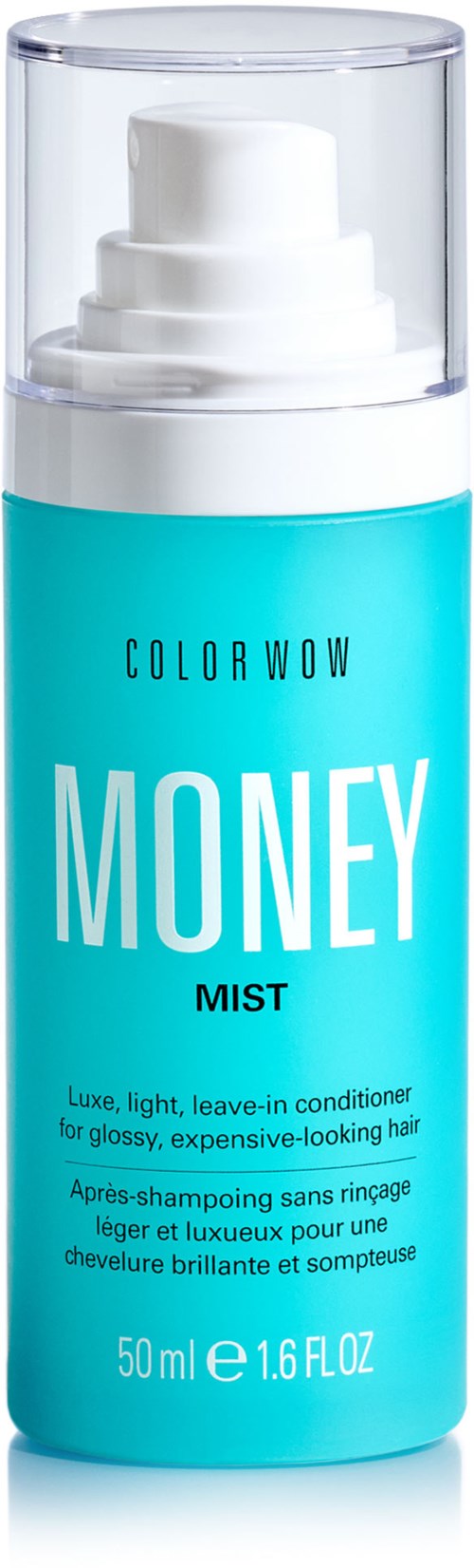 En turkos sprayflaska märkt 'Money Mist' med vit pump, för hårvård, 50 ml.
