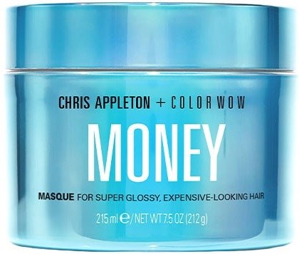 A blue hair mask container labeled "Money" by Chris Appleton and Color Wow, for glossy, expensive-looking hair.
