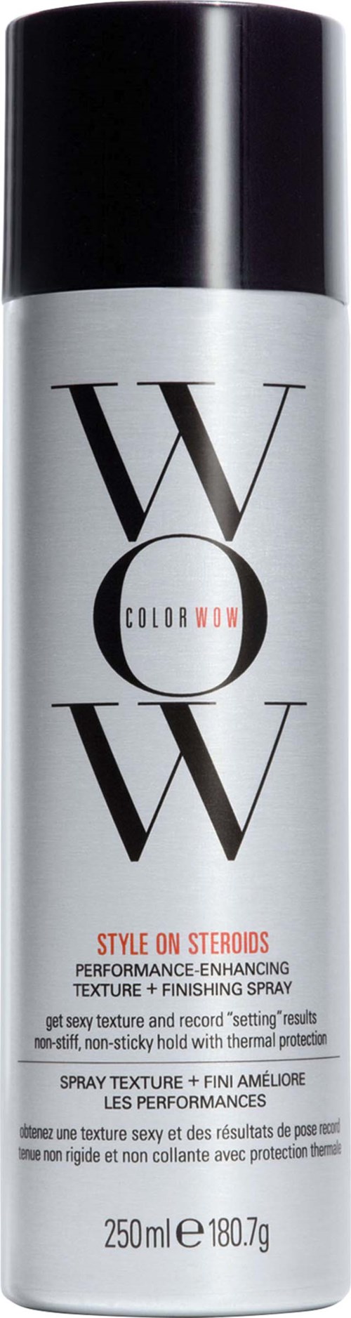 En sprayburk i vitt och svart med orden 'WOW' och uppgifter om prestanda och textur.