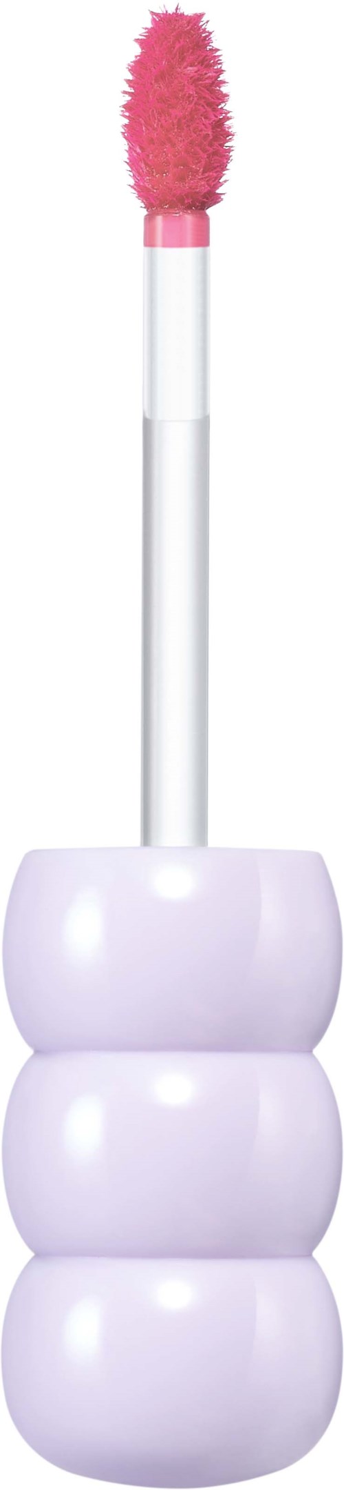 Een lipglossapplicator met een pluizige roze tip en een wit drie-gedeeld handvat.