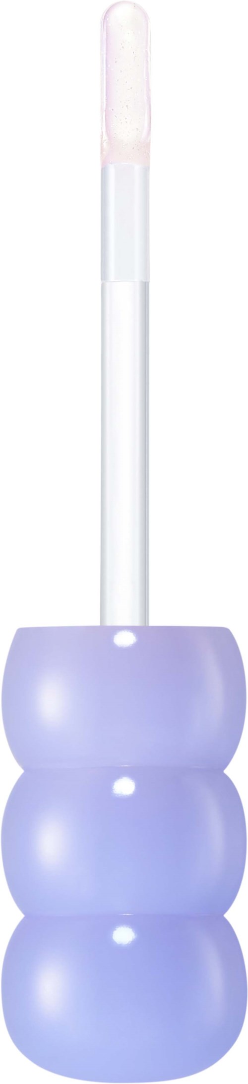Een paarse babyrattle met drie ronde kralen en een witte handvat erbinnen.