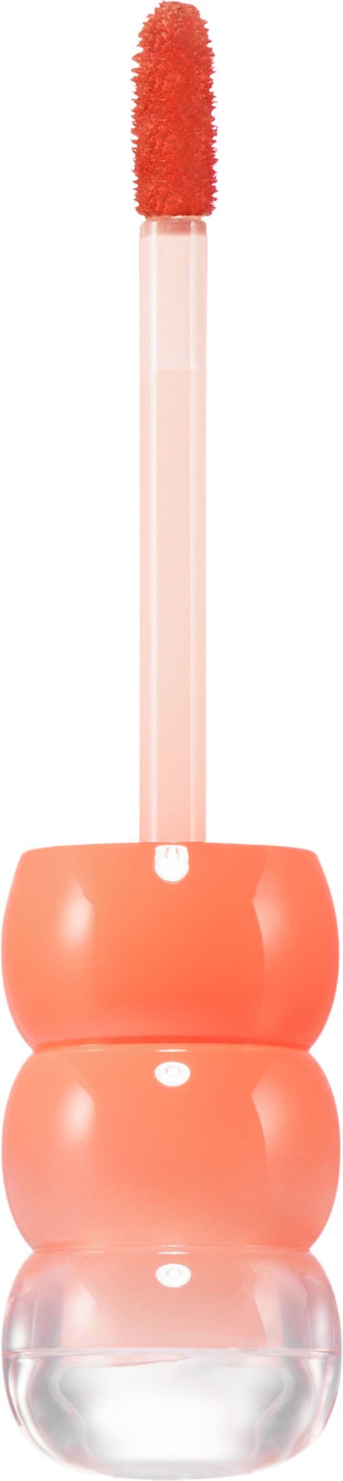 Lippen gloss met sponsapplicator en roze deksel, staand verticaal. Compact en glanzend. Voor lippen.