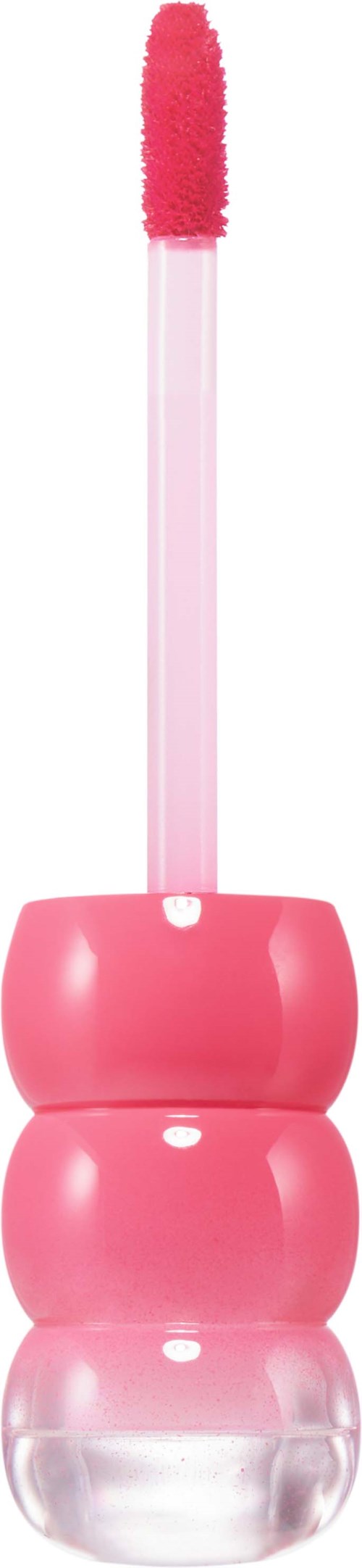 Lipgloss met roze deksel en roze applicatorstaaf. De applicator is bedekt met roze glans.