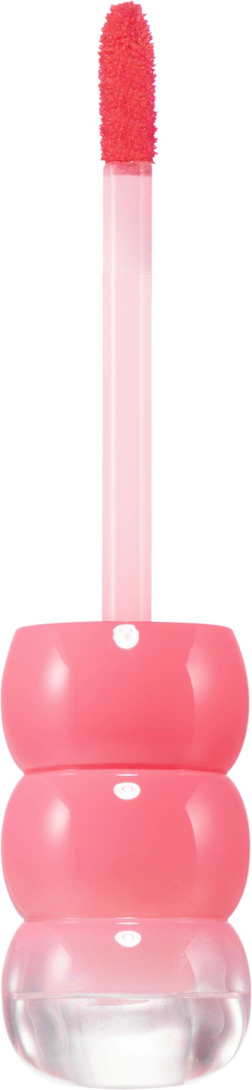 Een roze lipgloss met een lange applicatorkoord en een ronde, glanzende dop.