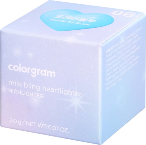 Een lichtblauwe en witte doos van colorgram milk bling heartlighter. Het toont de productnaam en gewicht.