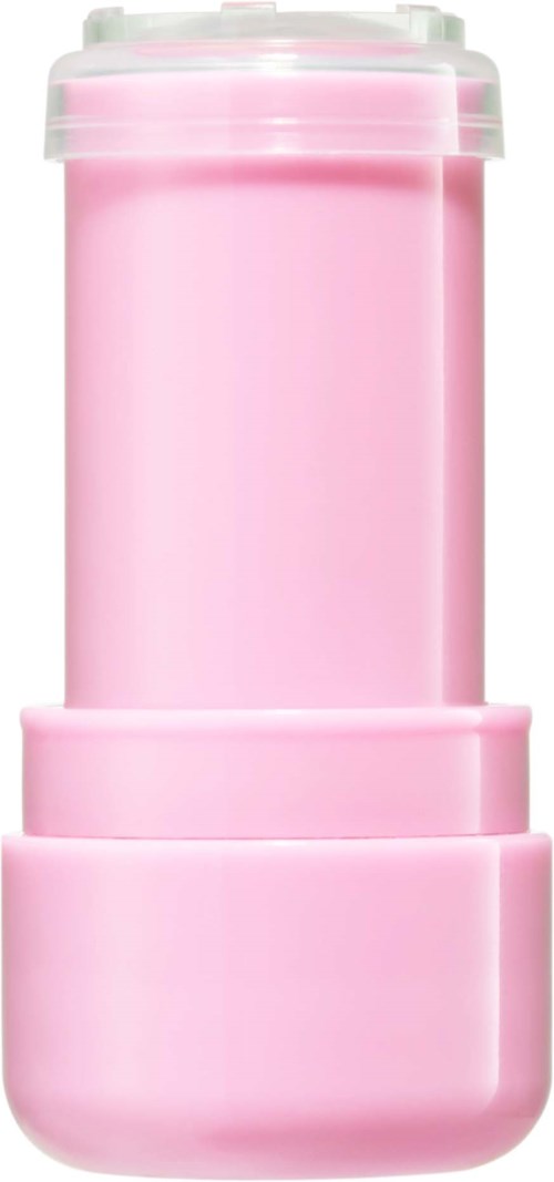 Een witte en roze cilindervormige container met een deksel, waarschijnlijk een fles of opbergpot.