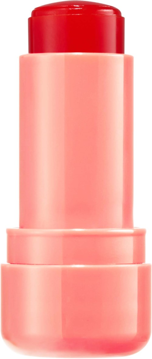 Een roze en rode lippenstift met dop, rechtopstaand.