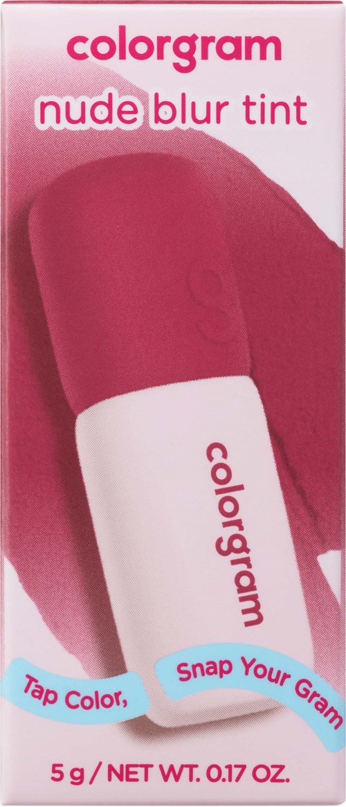 Een roze en witte make-upverpakking met de tekst 'colorgarm nude blur tint' en 'tap color, snap your gram'.