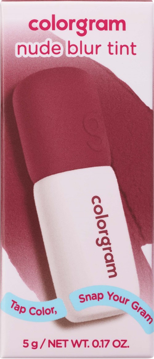 Een doosje colorgram nude blur tint met een kleurstaal en een witte en roze container.