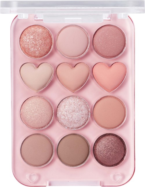 Een roze hartvormige oogschaduwpalette met verschillende tinten, waaronder roze, bruin en glans.