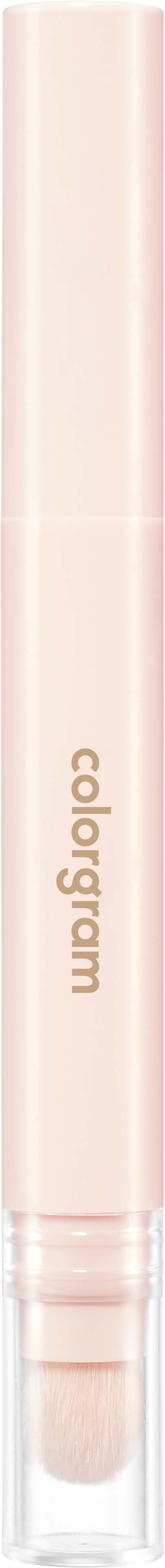 Een lichtroze cilindrische make-uppen pen met doorzichtige onderkant en tekst colorsgram.