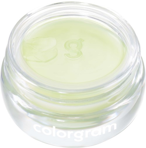 Een kleine pot gevuld met lichtgroen gegel of crème, met een doorzichtige deksel en het woord 'colorgam' aan de zijkant.
