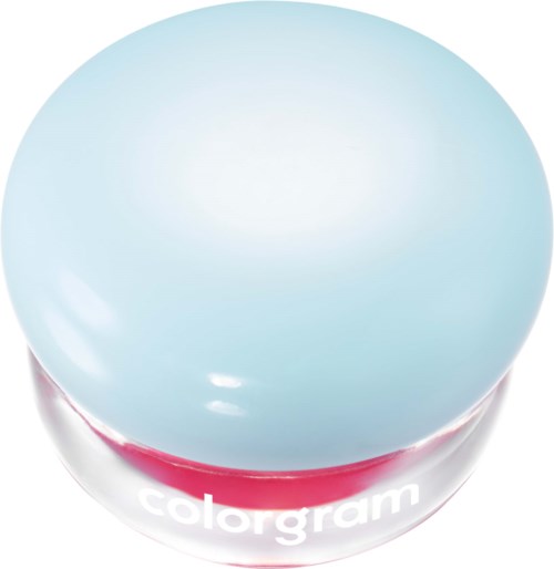 Een ronde container met een glanzende lichtblauwe deksel en een roze en witte basis met de tekst Colorgam.