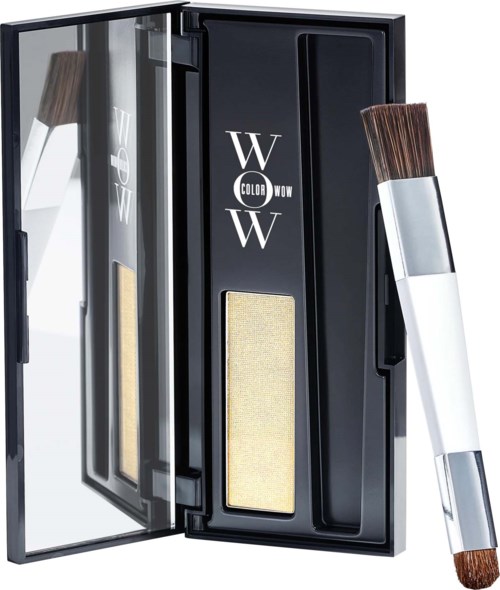 A black makeup palette with a mirror, a yellow eyeshadow, and a brush inside a box.