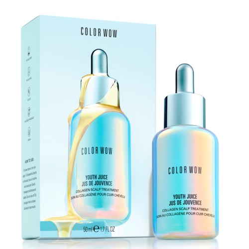 A bottle and box of skincare product called 'Color Wow Youth Juice' with a dropper, colorful and shiny design.