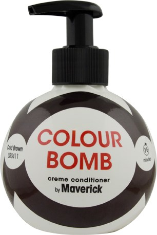 Pyöreä pullo pumppalukalla, harmaa-valkoinen raidat, ja punainen teksti 'Colour Bomb' ja hoitoaine.