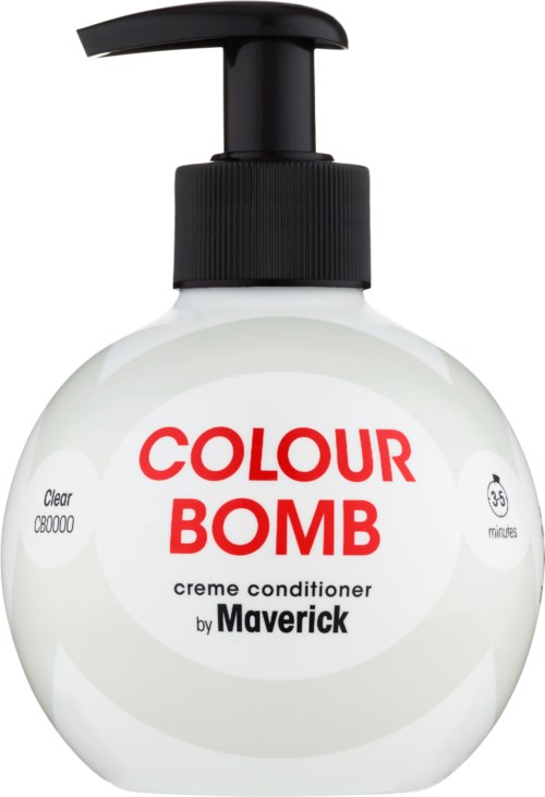 En vit flaska med svart pump och texten 'Colour Bomb' av Maverick, används för hårvård.