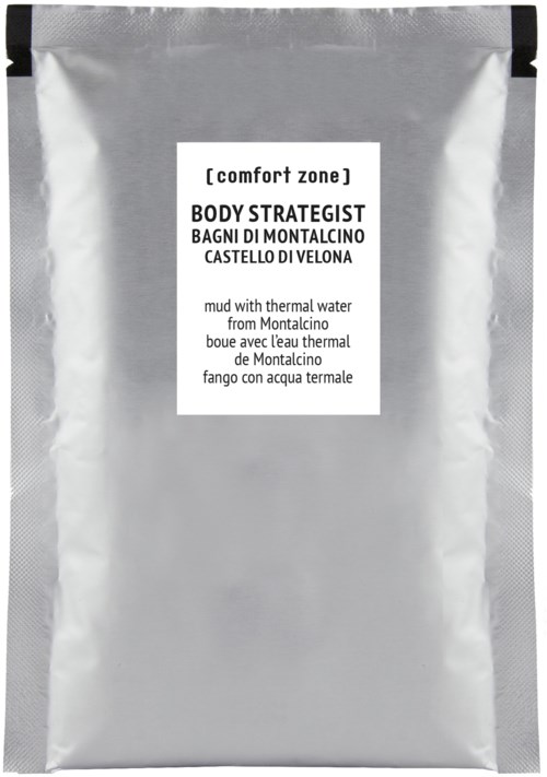 Ett silverpaket med en etikett som säger 'BODY STRATEGIST' och nämner termalvatten från Montalcino.