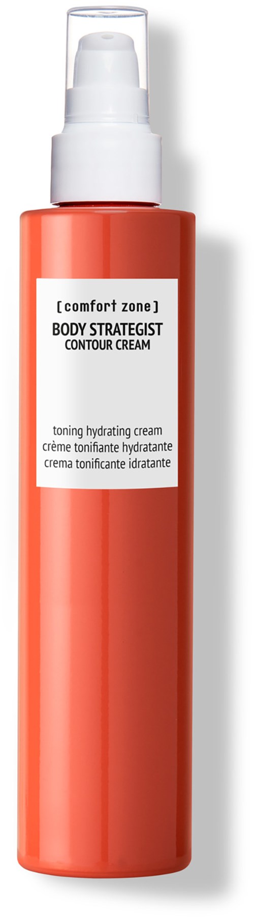 A tall, orange bottle with a white pump, labeled as Body Strategist Contour Cream by Comfort Zone.