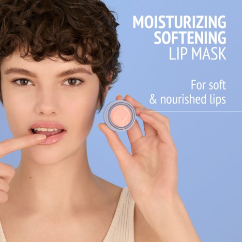 A woman applying a moisturizing softening lip mask, holding a small jar, with text promoting lip care.