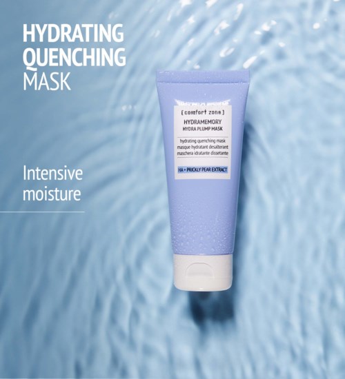 A tube of hydrating quenching mask with water background and product details on the label.