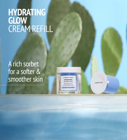 Product container and applicator for Hydraating Glow Cream with cactus background and text describing skin benefits.