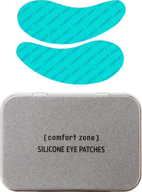 Two blue gel eye patches and a gray box labeled comfort zone silicone eye patches.