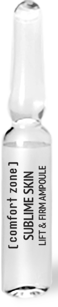 En liten flaska märkt 'Comfort Zone SUBLIME SKIN' LÄTTA OCH FIRAR AMPOULLE med pipettlock.