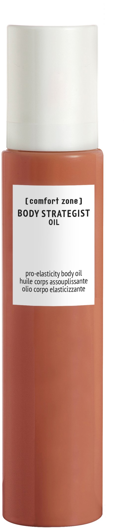 En lång, brun flaska med vit kork och etikett, innehållande kroppsolja för huden. Den säger 'comfort zone' och 'Body Strategist Oil.'