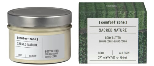 En burk och box med Sacred Nature kroppssmörj från Comfort Zone, avsedda för alla hudtyper.
