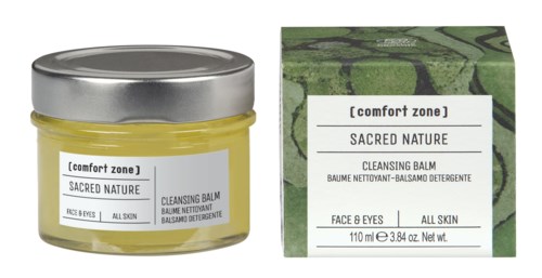 En gul burk rengöringsbalsam och en matchande box, båda märkt som Sacred Nature av Comfort Zone för alla hudtyper.