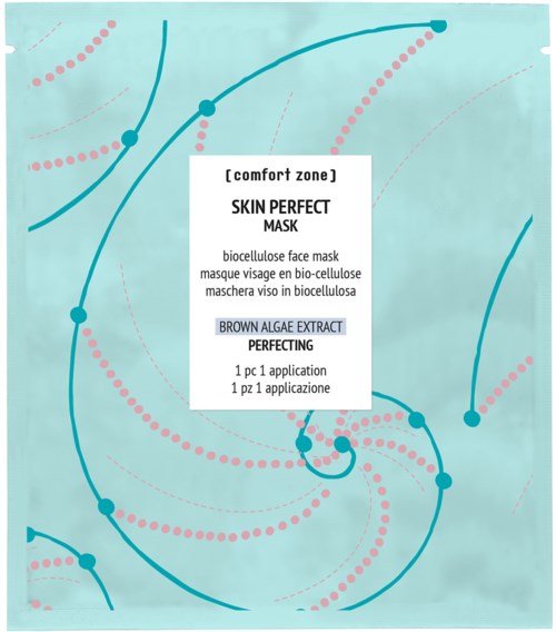 This image shows a skincare mask package called Skin Perfect Mask with a blue background and abstract dotted and curved lines.