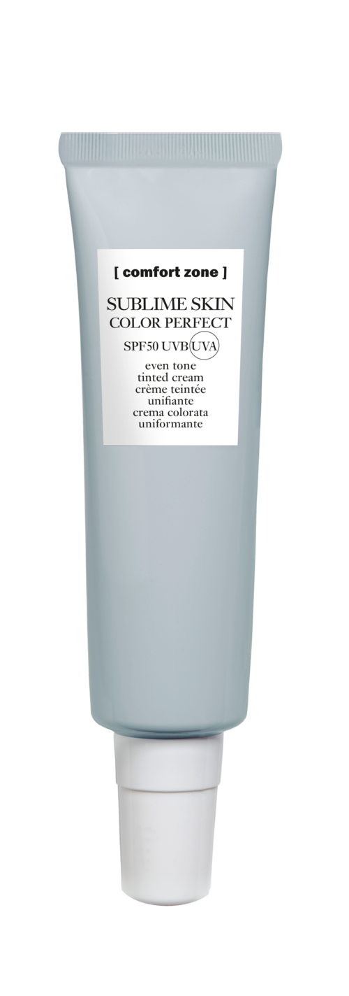 En ljusblå tub med vit lock, märkt 'Sublime Skin Color Perfect SPF30 UvB.'