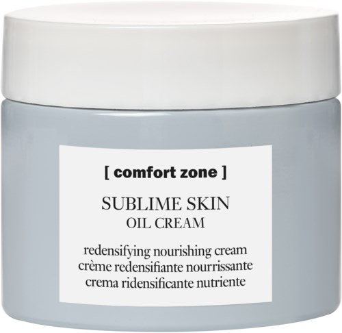 En beholder med Sublime Skin Oil Cream fra Comfort Zone, brukt for å gi næring og balansere huden.