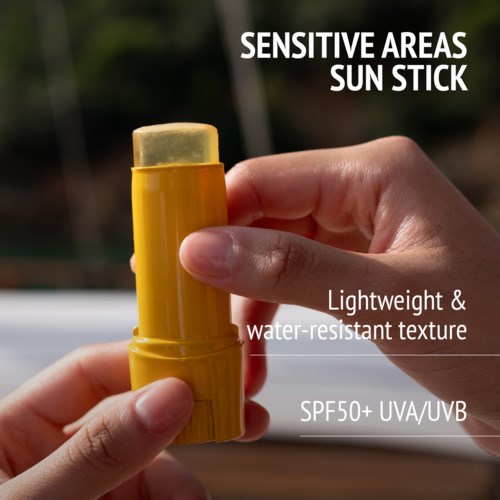 Keltainen kynä, suojakorko, käytetään herkille alueille, vedenkestävä, SPF50+.