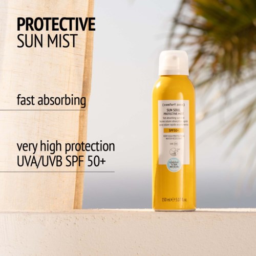 Keltainen aurinkorasvasharja, jossa on teksti suojaamisesta ja SPF 50+.