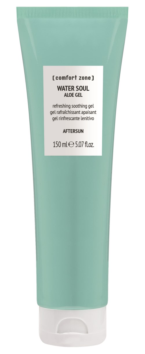 En tube med aloe vera gel med hvit hette, grønn kropp, og merkelapp for comfort zone Water Soul Aloe Gel.
