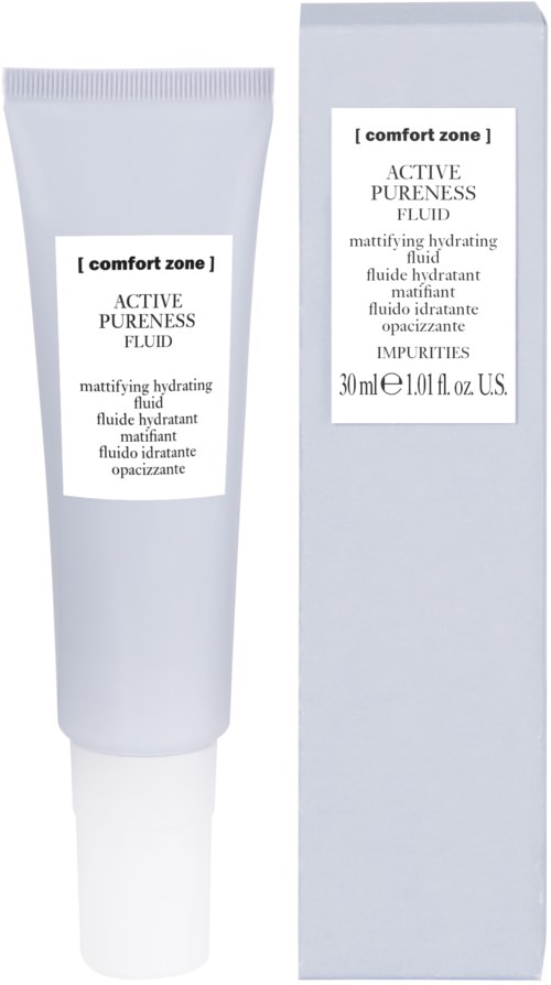 En hvit tube og eske med Comfort Zone Active Pureness Fluid, fuktighetsgivende og matte ansiktsfuktighetskrem, 30 ml.