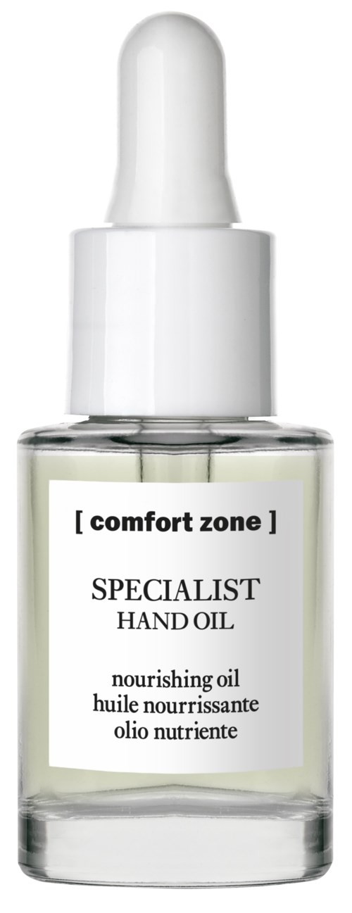 En liten glasflaska med en vit pipettlock, märkt 'Comfort Zone Specialist Hand Oil' för näring av huden.