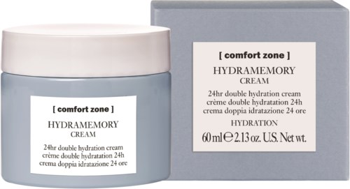 En burk Hydramemory-kräm med låda, märkt som dubbelt återfuktningskräm för 24 timmar, i enkel förpackning.