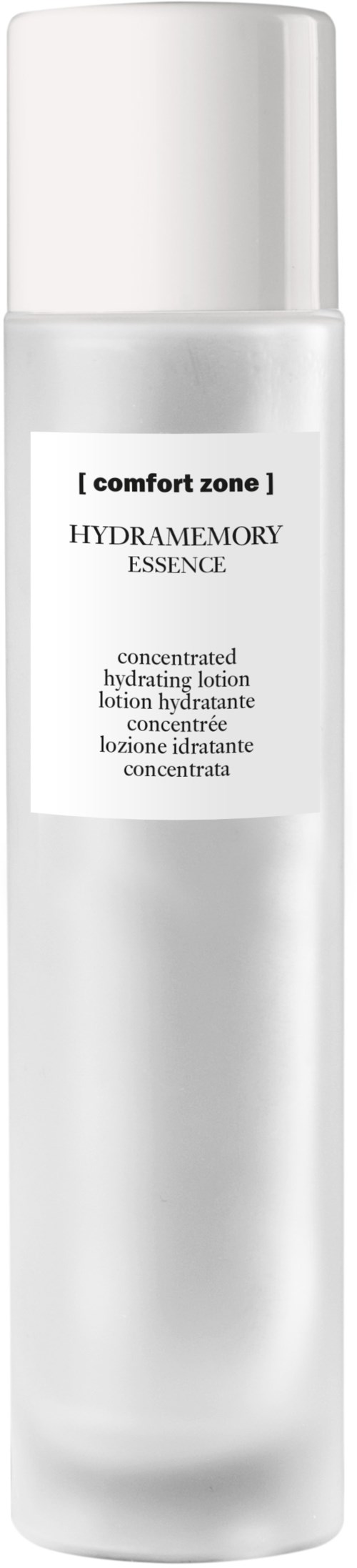 En lång, vit flaska med en etikett som säger 'Hydramemory Essence' för hudvård.
