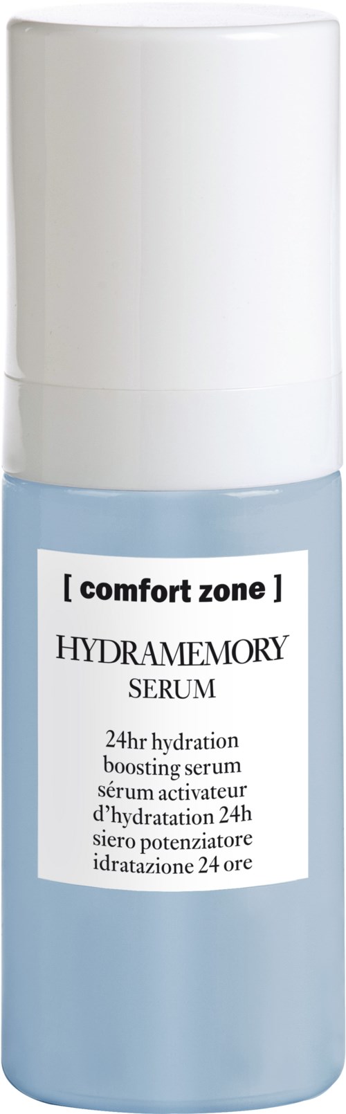 En ljusblå flaska med vit lock, märkt 'HYDRAMemory SERUM' för 24 timmars fuktboost.