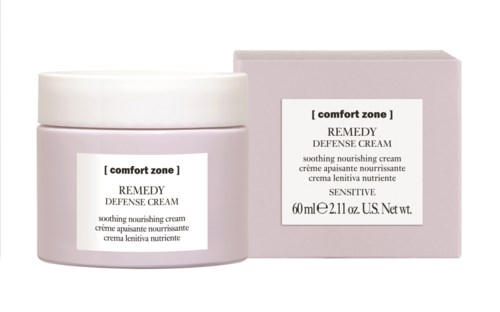 Pink burk och förpackning av comfort zone Remedy Defense Cream för lugnande, närande hud, 60 ml.