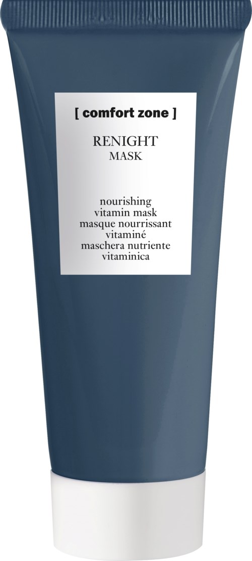 En mørk blå tube med nærende vitaminmaske, hvit etikett, merkevarenavn 'comfort zone' og produktnavn 'Renight Mask'.