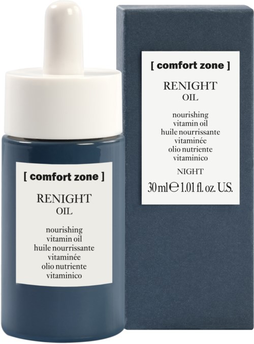 En mörkblå flaska med vit droppkork, märkt 'comfort zone' och 'RENIGHT OIL'. Innehåller en matchande box.