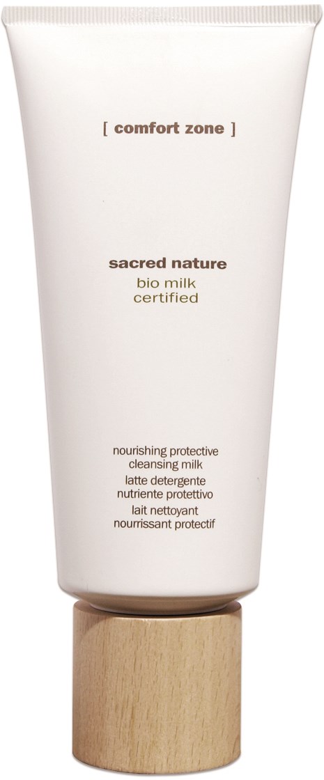 En vit tub med trädocka, märkt 'sacred nature bio milk certified' och andra produktuppgifter.