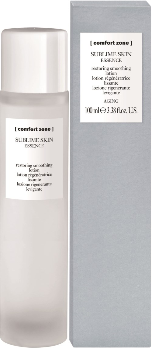 En vit flaska och en grå box för hudvård, märkt 'Sublime Skin Essence' för att återställa och jämna ut huden.