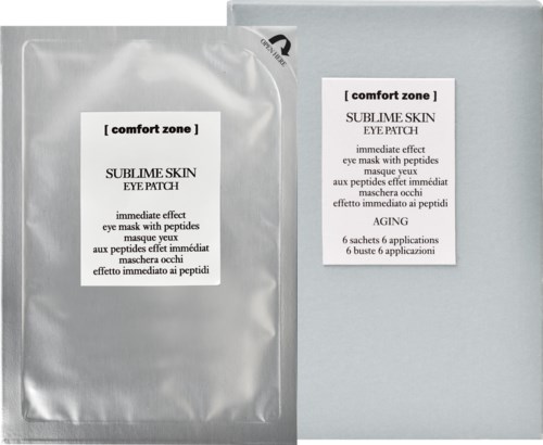 Förpackning för en ögonmaskprodukt, med text om dess användning och effekter.