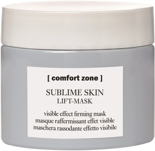 Ett burk märkt 'Comfort Zone Sublime Skin Lift-Mask' för huduppstramning med vit lock och grunt grå behållare.